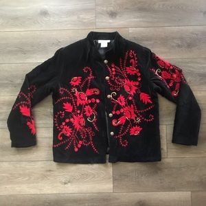 Vintage Embroidered Red Floral Velvet Feel Jacket